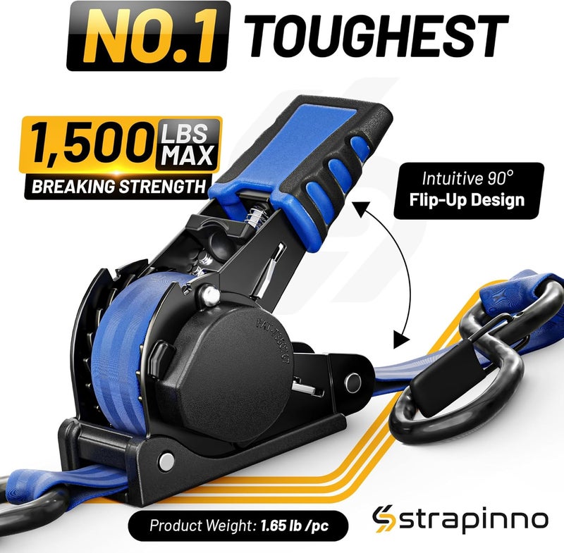 Strapinno Retractable Ratchet Straps 1 in x 10 ft, Secure Tie-Downs with Rubber-Coated Steel Handles, for Motorcycle, Jetski, Kayak, Breaking Strength 1,500LBS/680KG - Image 2